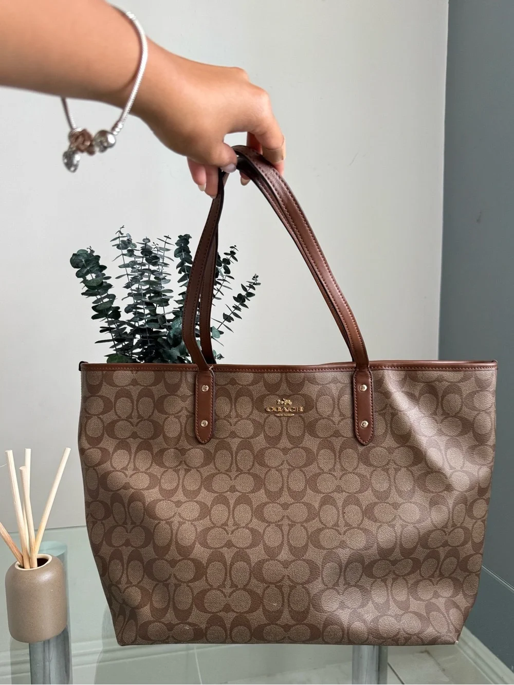 Coach Brown Signature Canvas Tote with Leather Straps